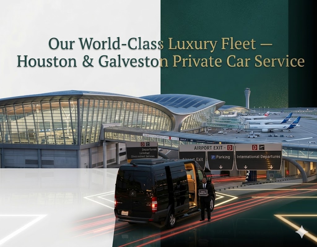 Private Galveston limo service featuring luxury SUVs and Sprinter Vans for transfers between Houston airports and Galveston Cruise Terminal.