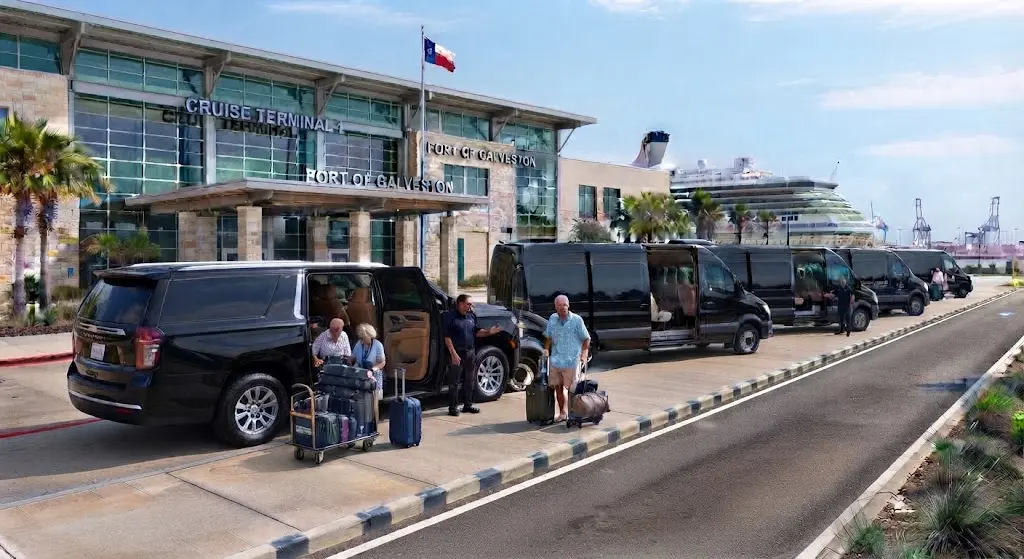 Executive suburban and sprinter vehicles from the galveston shuttle fleet at the port.