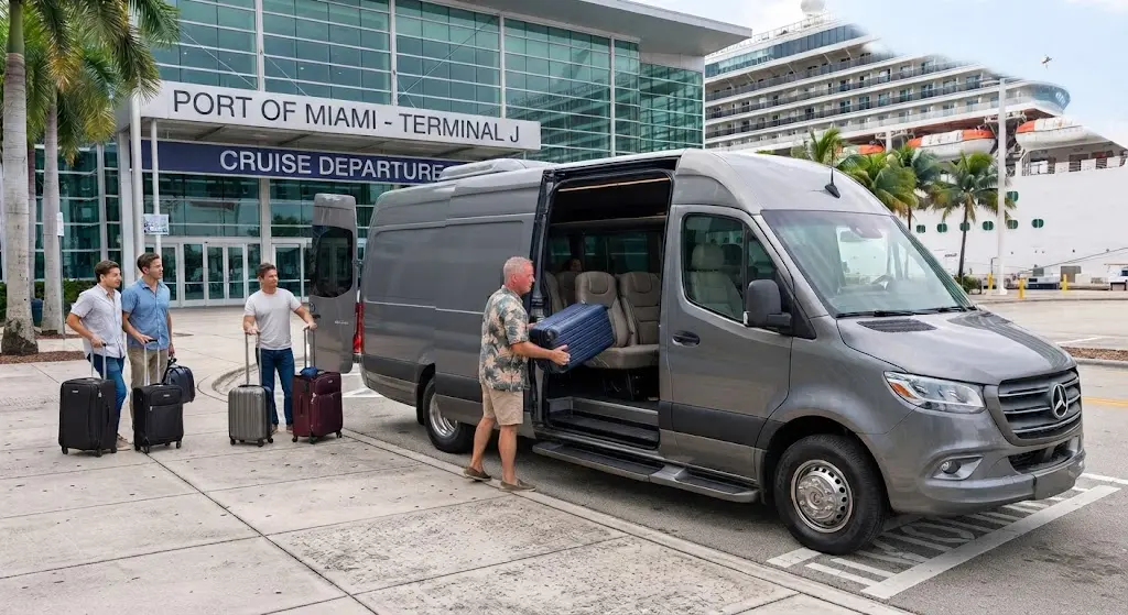 Travelers utilizing an iah airport to galveston sprinter shuttle service.